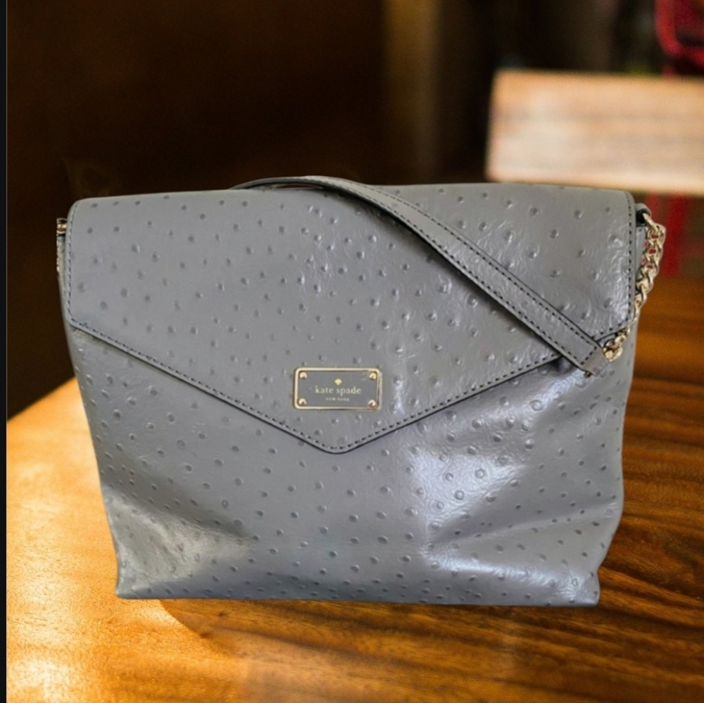 Kate Spade Leena A La Vita Ostrich Soft Leather Shoulder Bag Gray Tote‎